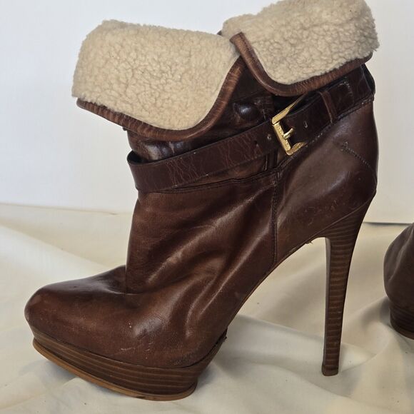 Michael Kors Distressed Leather Mocha Mae Platform Shearling Boots Size 8.5 - Picture 6 of 9